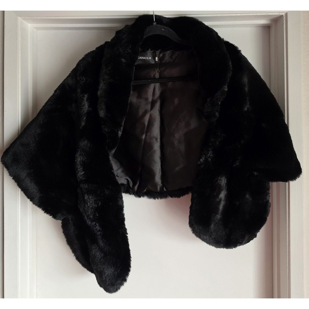 Caracilia Women Black Cape Formal Collared Cloak Wrap Shawl Classic Faux Fur